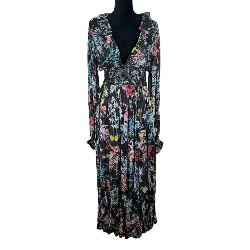 Rococo Sand Black Floral Metallic Moonlight Maxi Dress Boho Resort Size Medium - Picture 2 of 10